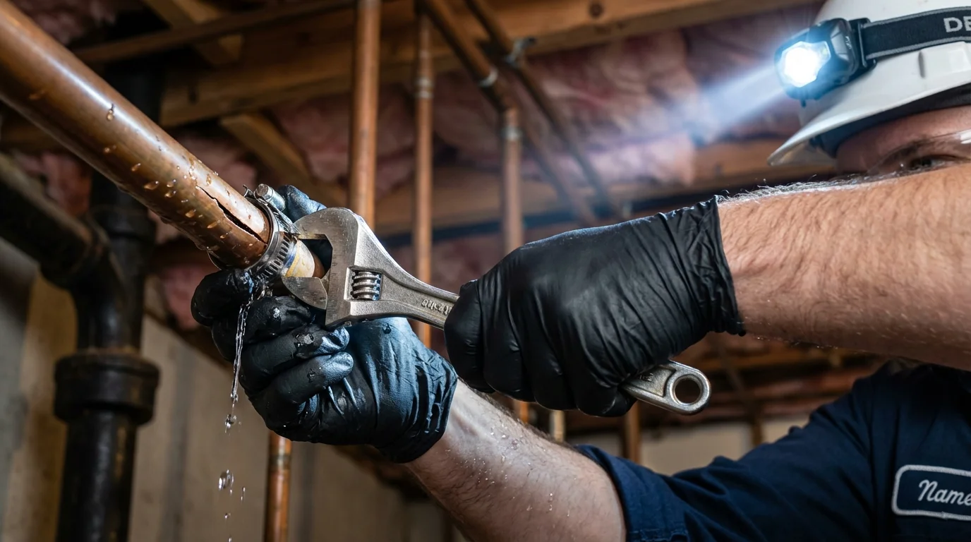 Emergency pipe clamp repair being performed by a Johns Plumbing LLC plumber in Maricopa