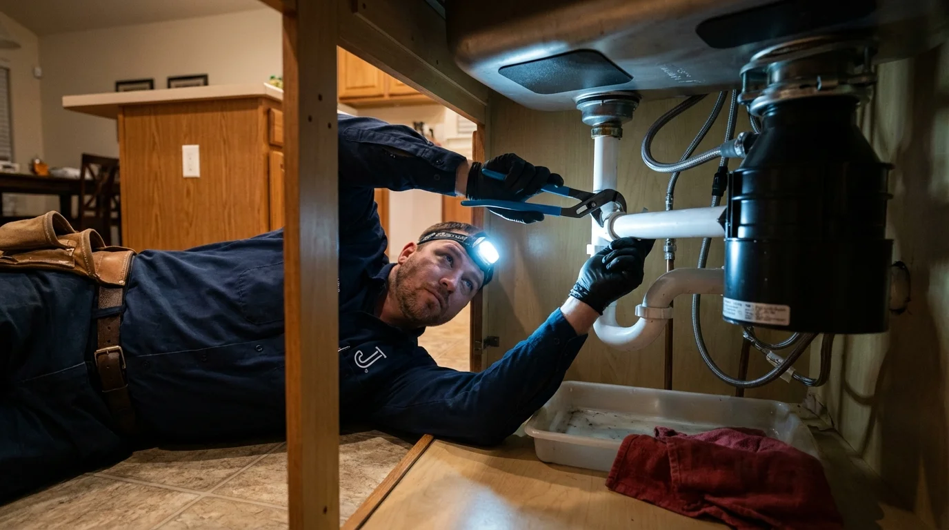 P-trap and supply line connections under a kitchen sink showing a common leak point in Maricopa, CA